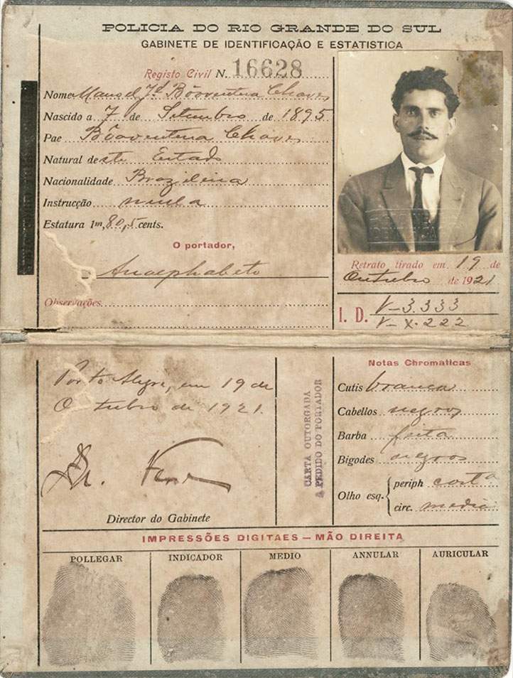 Carteira de identificação da Polícia do Rio Grande do Sul de 1921.