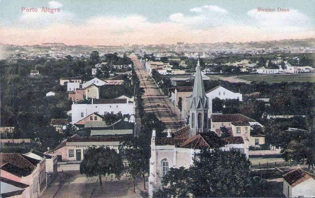 Porto Alegre - Avenida 13 de Maio(atual Getúlio Vargas) e vista da Igreja do Menino Deus no início do século XX.