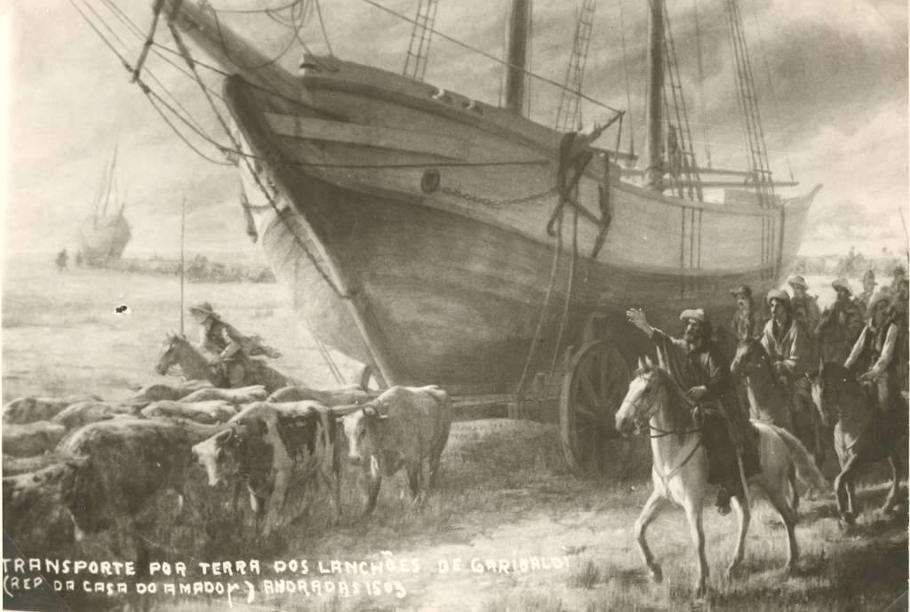 Transporte por terra dos lanchões de Garibaldi.