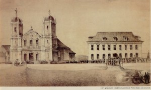 Gravura Porto Alegre Igreja da Matriz e Palácio do Governo 1852