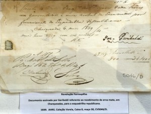Documento recebimento erva mate assinado Garibaldi 1839