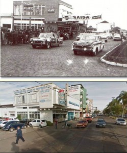 Passo Fundo Av. Presidente Vargas em duas épocas. Na primeira foto vemos um circuíto de rua na década de 1960. Na segunda foto é o ano de 2011        