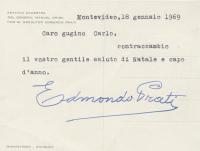 Edmondo Prati Retro cartolina spedita a Carlo Prati raffigurante il monumento al generale 1969